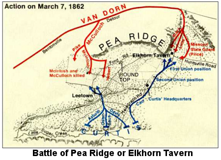 Color drawing of a map of the Pea Ridge or Elkhorn Tavern battlefield, showing the disposition and movement of Union troops in blue and Confederate troops in red on March 7, 1862